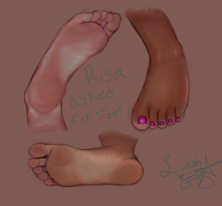 a painting of three feet, one with magenta nailpolish and the other two have the soles facing the viewer. In the center of the background is written "Risa asked for feet"