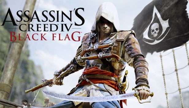 Assassin's Creed IV: Black Flag title card depicting Edward Kenway in front of the pirate flag of the Jackdaw.