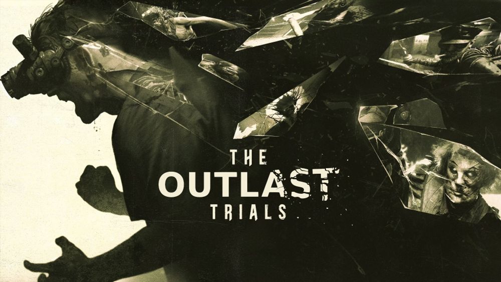 The Outlast Trials title card depicting a reagent with night vision goggles bolted to his head, screaming while the world behind him fractures like glass, each shard depicting some of the horrors he's faced.