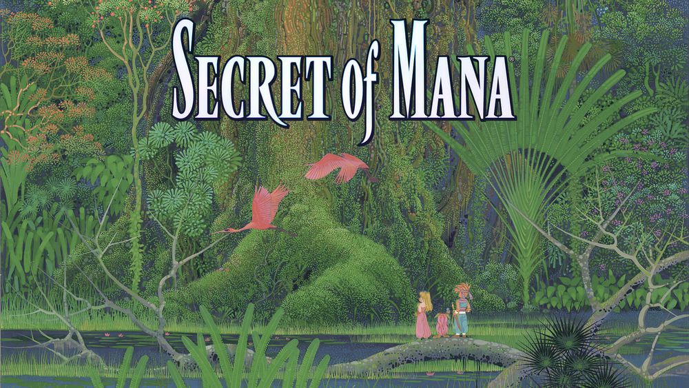 Secret of Mana title card. Depicting the three main characters in a jungle setting looking at a massive tree in the background.