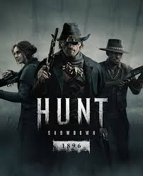 Hunt Showdown title card depicting three hunters from the 1800's in a foggy bayou.