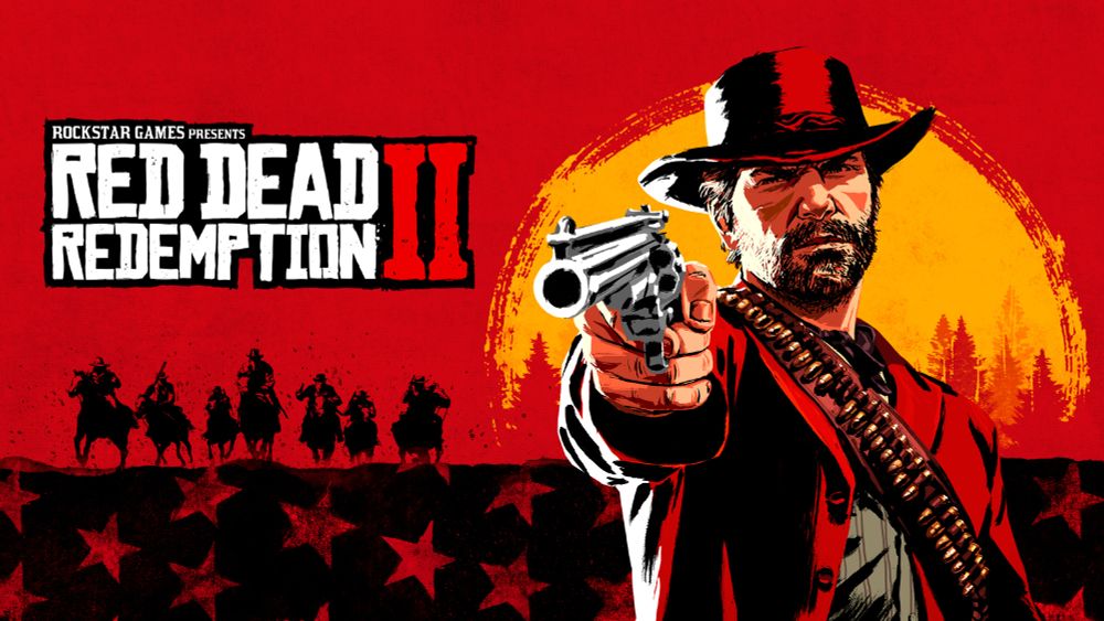 Red Dead Redemption 2 title card depicting the Van Der Linde gang in silhouette and main character Arthur Morgan aiming a revolver at the screen point of view.