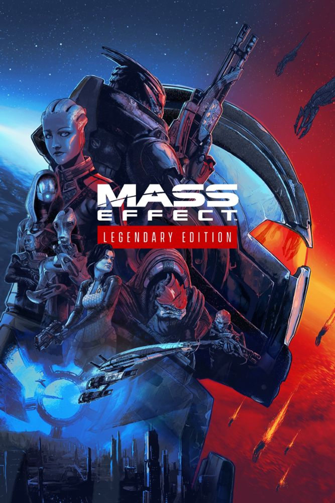 Mass Effect legendary edition title card depicting the Normandy, the crew, and Shepard's N7 helmet.