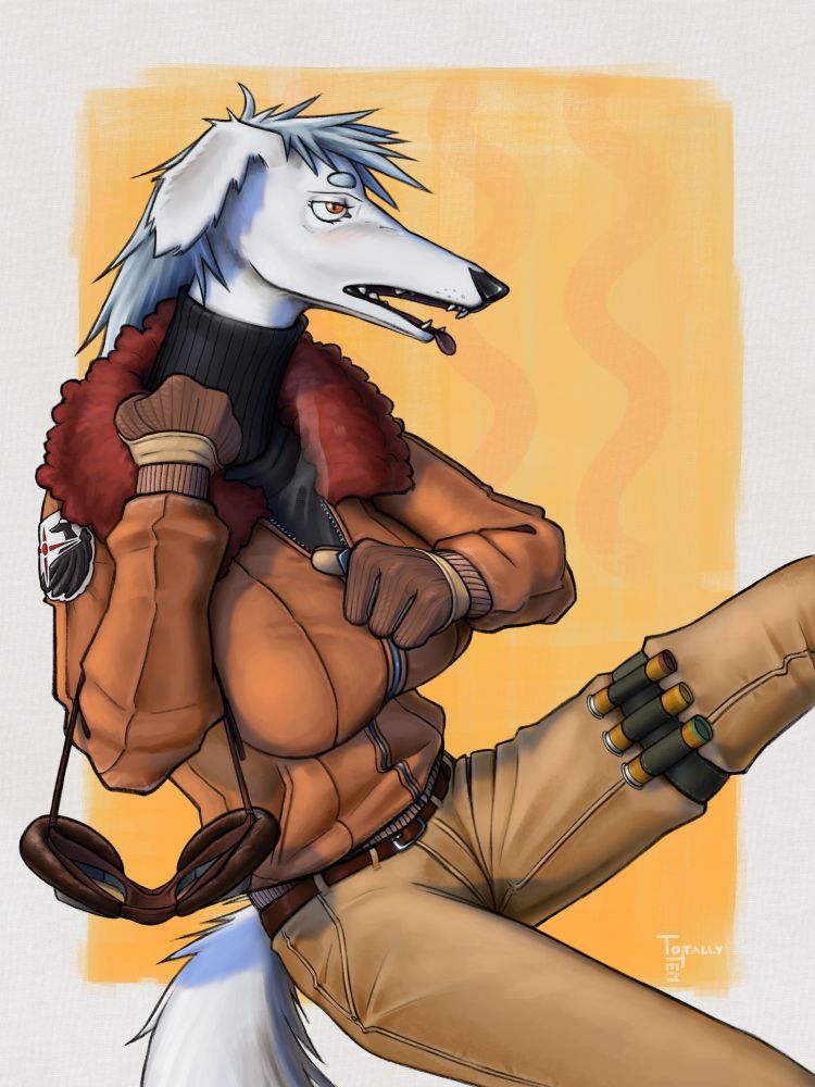 An anthropomorphic borzoi (Zela) struggling in the heat as she opens the zipper of her flight jacket to let her upper chest breathe, steam vapor can be seen escaping from the sweater she's wearing underneath. Over a bright yellow background.