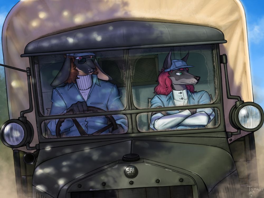 An anthropomorphic savvana hare (name Tito) at the wheel of a green military truck with at their side an anthropomorphic redhaired doberman (name Yuna), both are wearing light blue overalls.
The truck is being driven head on towards the viewer.
A tree's shadow is cast on part of the truck, letting some dappled light shine onto the metal surfaces.