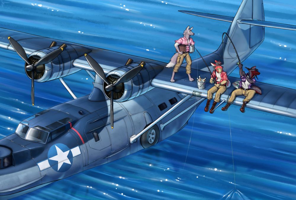 Three anthropomorphic canines enjoying themselves fishing on the wing of a PBY Catalina, they're wearing brightly colored Hawaiian shirts. The sea is a vibrant blue and is glistening under the bright sun.