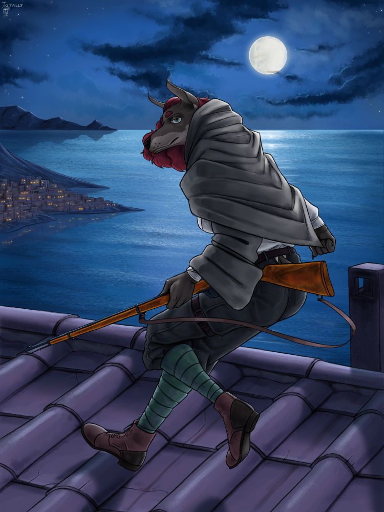 An anthropomorphic doberman (name Yuna), her fur greyish, her hair red, looks towards the viewer as she hops onto a tiled roof beneath her.
A large piece of cloth envelops her shoulders and the rifle carrying arm, underneath said cloth she's wearing a white shirt, grey pants, puttees and infantry boots.
Behind her a full moon lights up the night sky and shines over the sea, landmass can be seen on the horizon and closer still a small settlement on the coast.