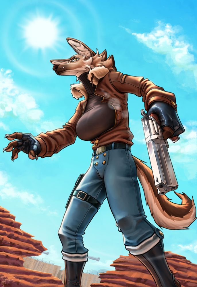 Low angle shot looking up at an anthropomorphic maned wolf (Armistice) striking a powerful stance, with her revolver drawn.
The sun is beaming above her, the gun is shining. She finds herself in what looks like a mesa, with its striking orange tones.
In the distance above a plateau a number of oil drilling rigs can be seen, with airships flying over.