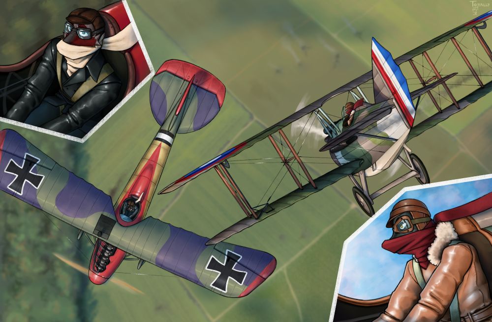 Two anthropomorphic hounds flying world war 1 era planes, respectively an Albatros D.va and a SPAD XIII moments before merging into the start of a dogfight. The SPAD is pouncing on the Albatros from above and has caught them by surprise. In their respective corners portraits of the pilots can be seen. They are flying above a green countryside.