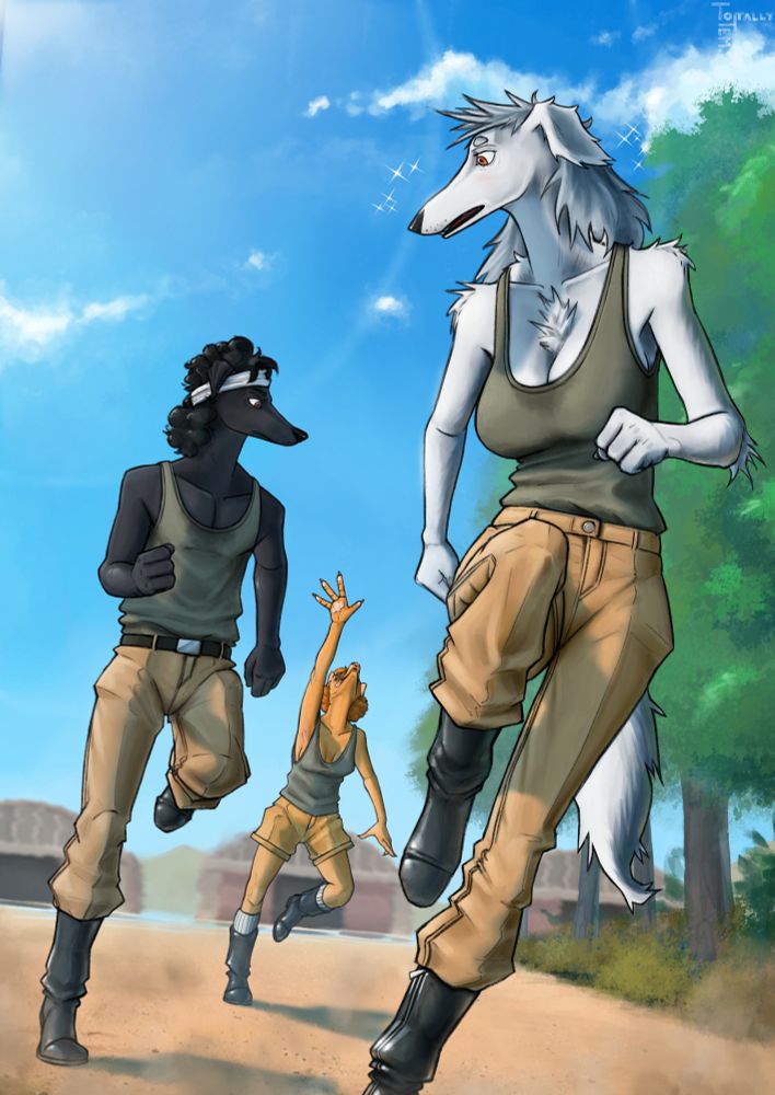 An anthropomorphic borzoi (Zela),greyhound (Veltro) and a cirneco dell'etna (Cirina) jogging at pace towards the camera, during a training session at base.
Heat haze distorts the hangars lined up in the distance behind them, while the sun is blazing above.
Cirina in the back seems to be struggling to keep up and has caught the attention of both Zela and Veltro who look on with worried faces.