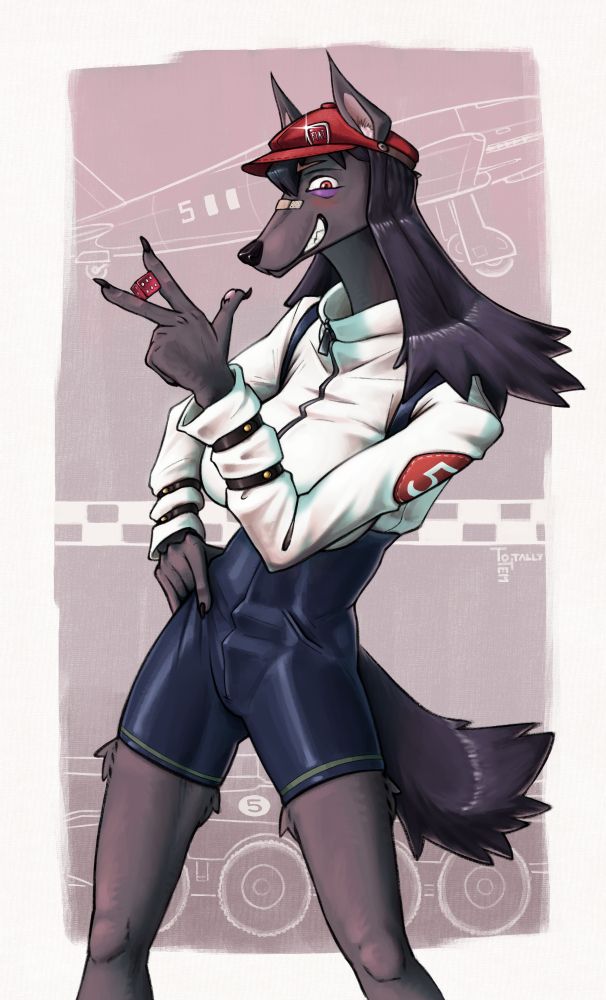 @vg99kinsei's anthropomorphic hound dog Ariette poses in front of the viewer, holding a red dice in between her left hand's fingers, her right hand on her hip, grinning towards the viewer in a taunting fashion. Behind her the silhouette of a g.55 Centauro above and a Centauro light tank's below can be seen, with a chequered line splitting the warm grey background in half.