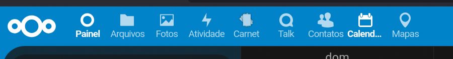 Navegação do nextcloud: Painel(selecionado), Arquivos, Fotos, Atividade, Carnet, Talk, Contatos, Calendário (ativo), Mapas