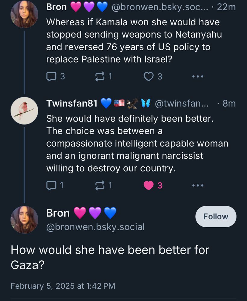 Three posts that read:

1: Whereas if Kamala won she would have stopped sending weapons to Netanyahu and reversed 76 years of US policy to replace Palestine with Israel?

2:She would have definitely been better.
The choice was between a
compassionate intelligent capable woman and an ignorant malignant narcissist willing to destroy our country.

3:How would she have been better for Gaza?
