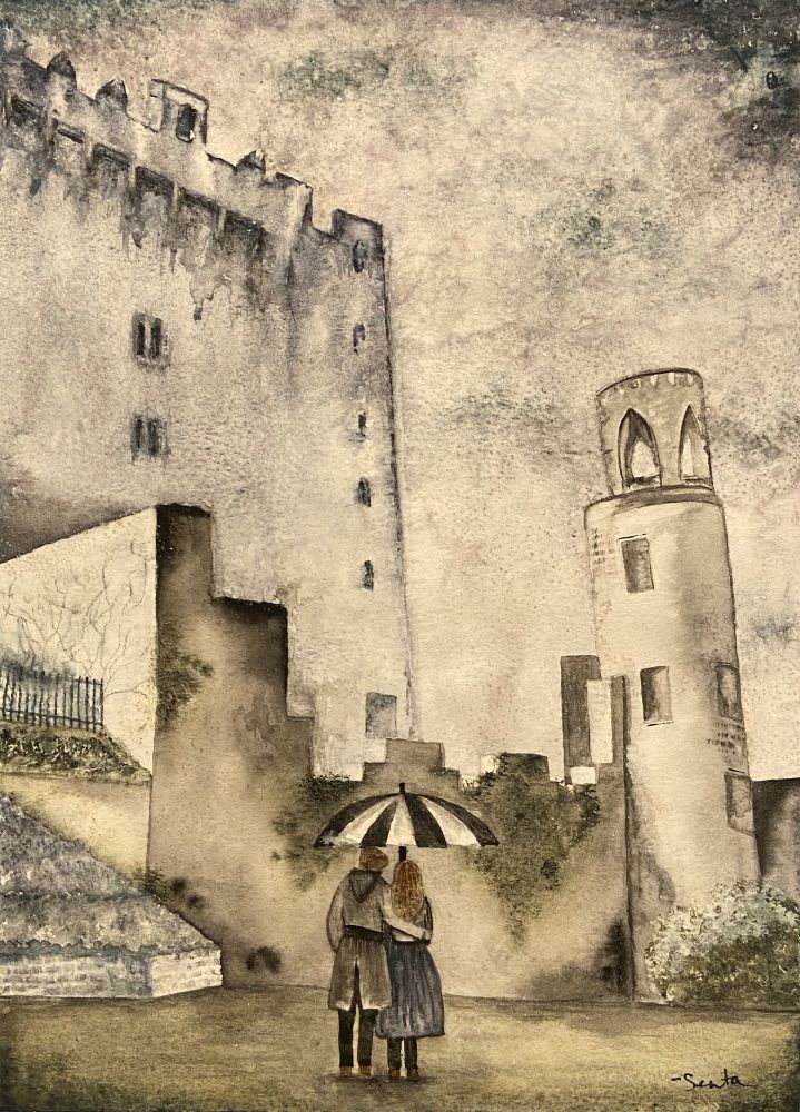 A watercolor of the Blarney Castle with two people under an umbrella standing in front of it.