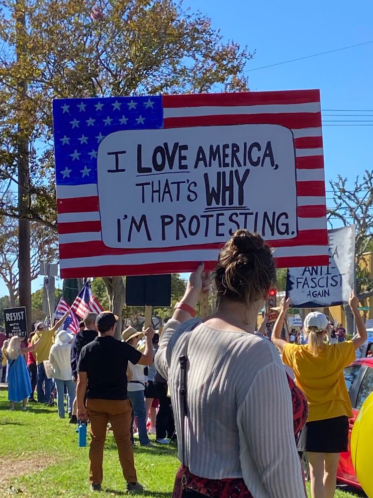 A woman holding a sign that says, "I love America, that's WHY I'm protesting."