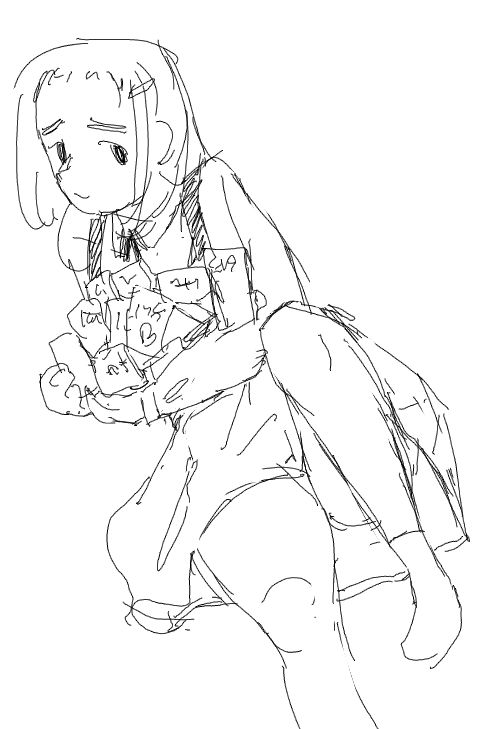 Sketch of a girl in a dress, sitting and clutching a multitude of boxes.