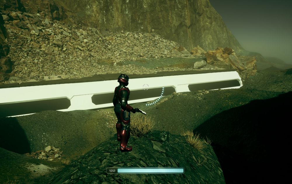 A space-suited salvager muses over a rock slide covering the side of a crashed spaceship.