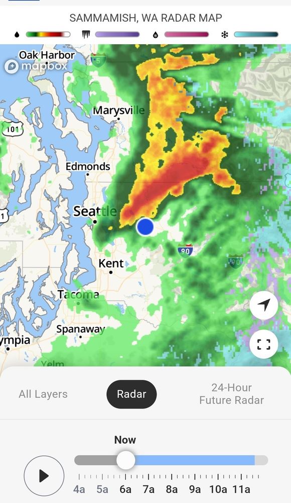 A weather radar picture showing a massive wind & rainstorm that just knocked out power east of Seattle at 6am local time.