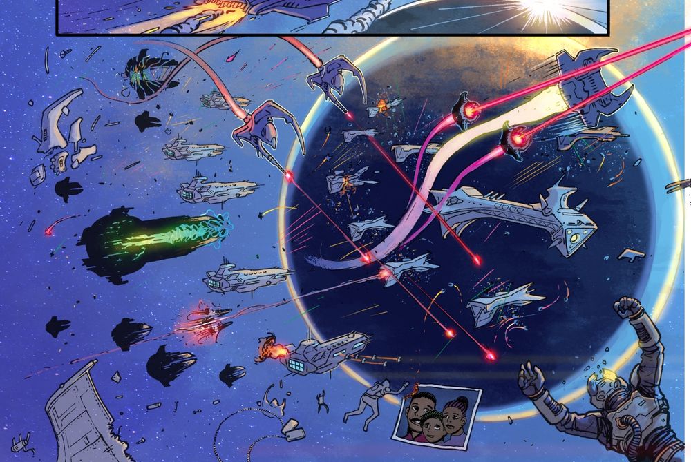 A space battle scene depicting masses of ships firing lasers in front of a planet, bodies and a photo in the foreground.