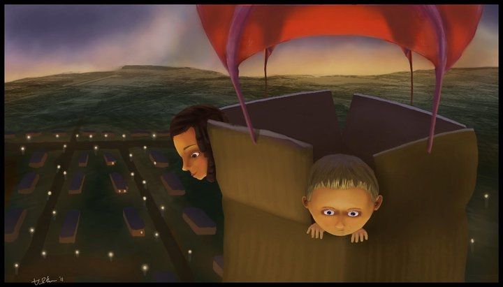 Concept art featuring two stylized kids in a home-made hot air balloon for the short film Box Forts (2012).