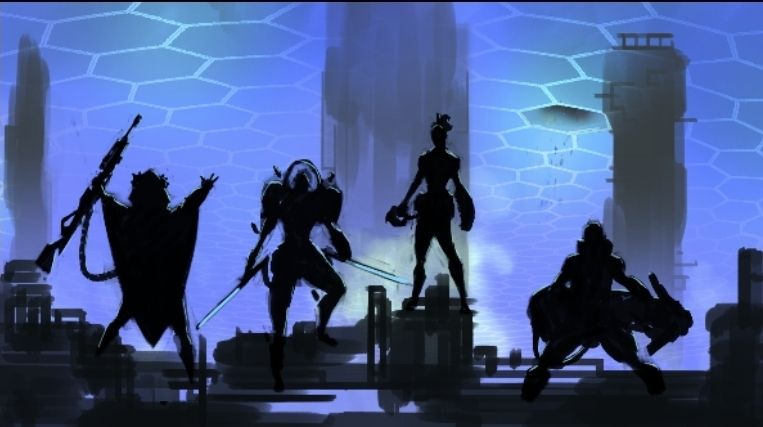 The silhouettes of four characters, each inspired by a suite from a deck of cards, against a blue, sci-fi background of towering buildings.