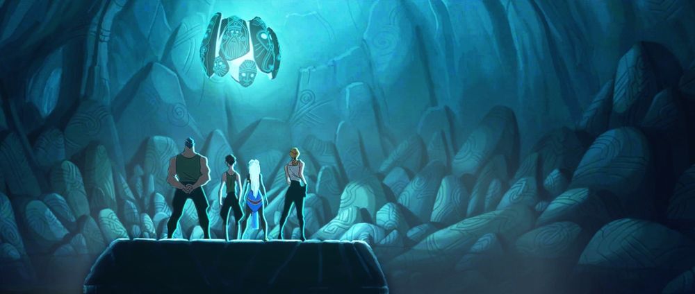 A paintover frame from Disney's Atlantis: The Lost Empire showing main characters Milo and Kida held prisoner by two expedition leaders in front of blue glowing ancient stones in a large cavern.
