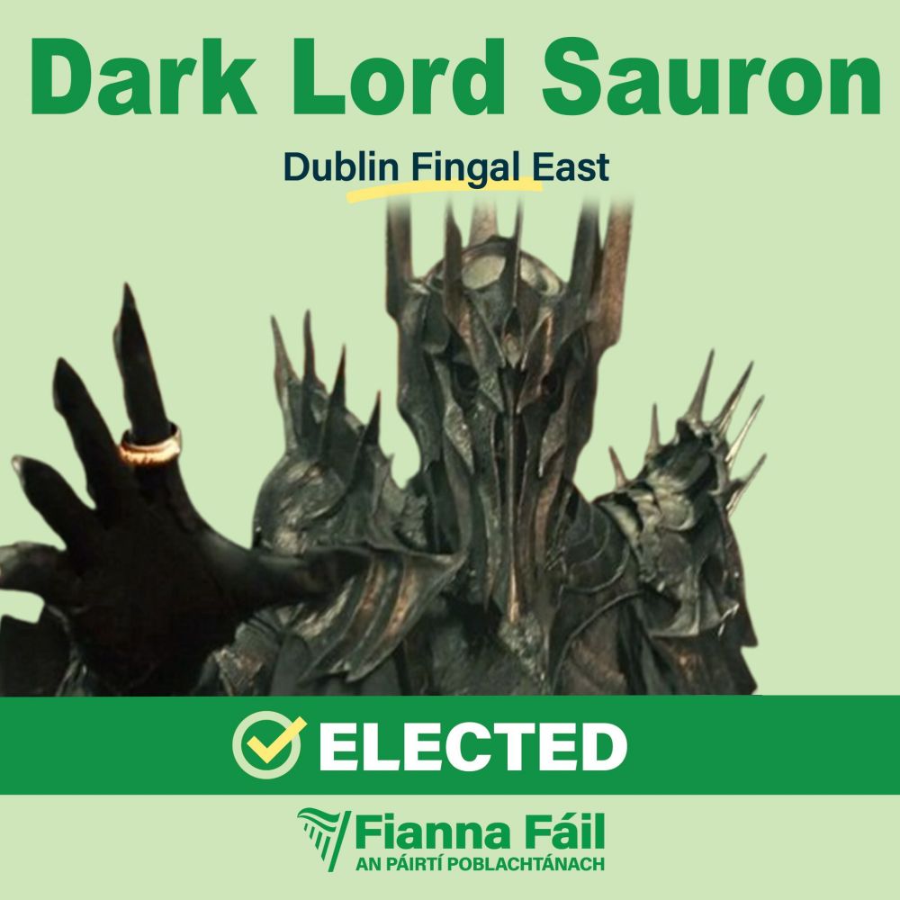 Sauron edited onto a Fianna Fáil election graphic.