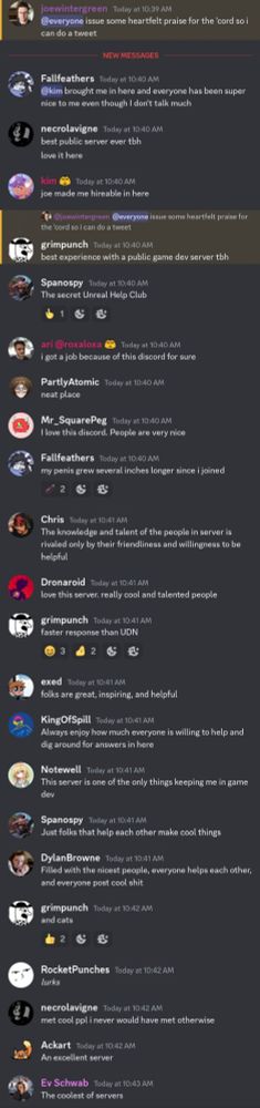 a discord screenshot in which joe demands praise and people issue heartfelt praise