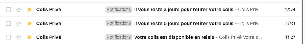 3 mails successifs de la part de Colis Privé pour le même colis. Les mails sont séparés de quelques minutes indiquant "votre colis est disponible", "Il vous reste 5 jours pour récupérer votre colis" et "il vous reste 3 jours pour récupérer votre colis"