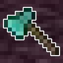 A minecraft diamond axe on top of a wooden block Background. It's the logo of the vanilla timber enchantment.