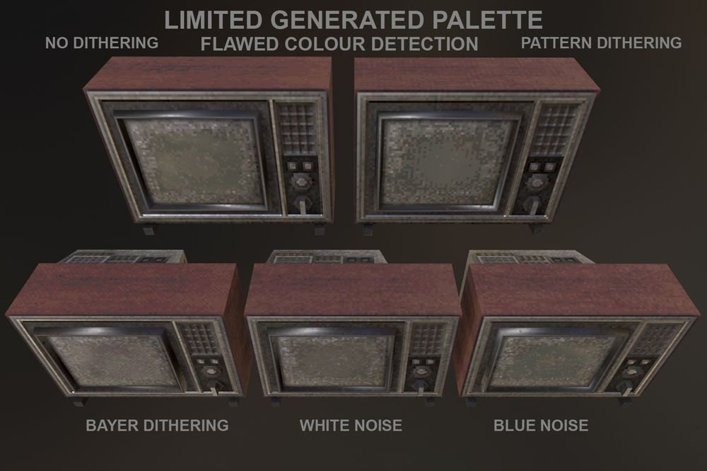 The 5 tvs with different dither style pixelated textures, with a limited colour palette using flawed colour detection, give it more contrast and general stylisation.