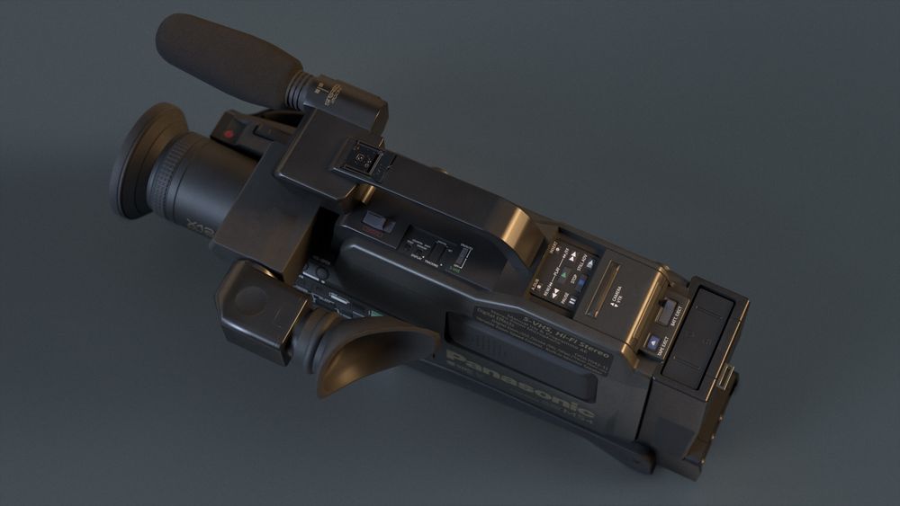 A 3D model of the Pansonic NV-MS4 S-VHS Camcorder. The top side is shown with all of the controls, attachment shoe and battery storage.
