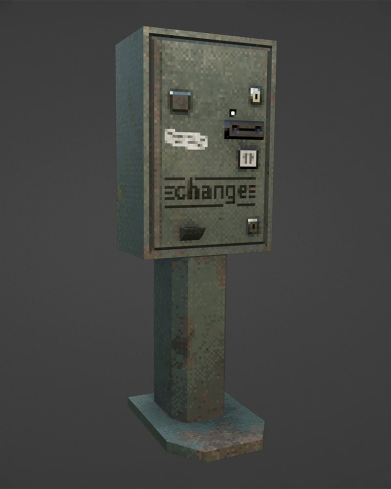 A low poly model of a laundromat change machine with pixelated texturing.