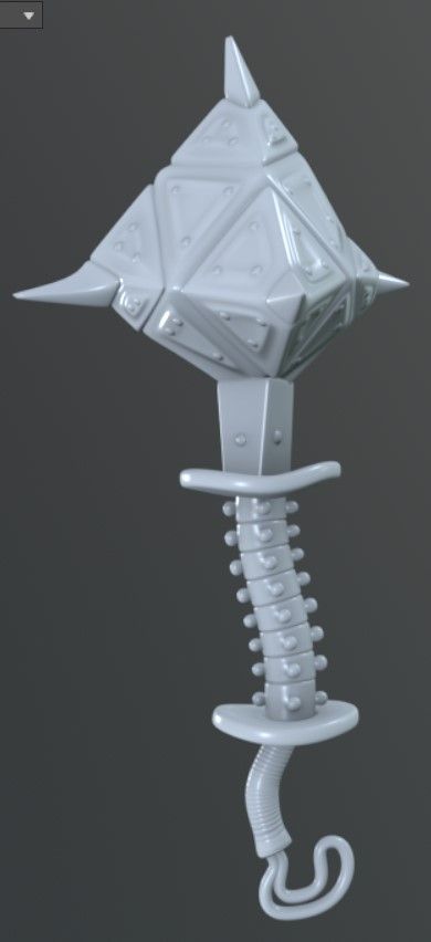 The low poly model. All the extra facets, bolts and the wrapping on the base leather are baked in.