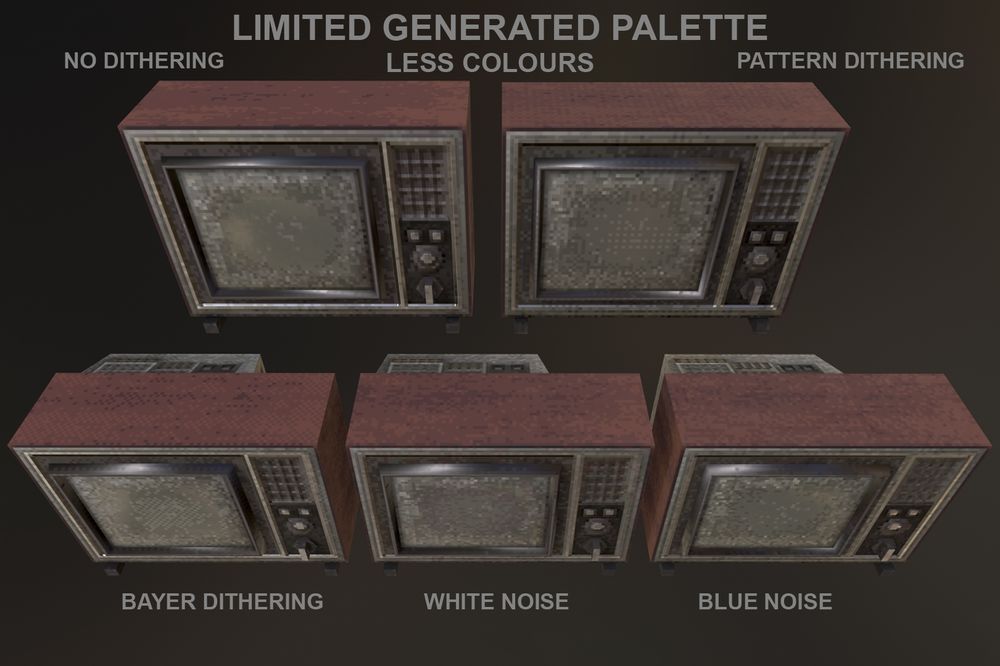 The 5 tvs with different dither style pixelated textures, with a lower colour count limited colour palette.