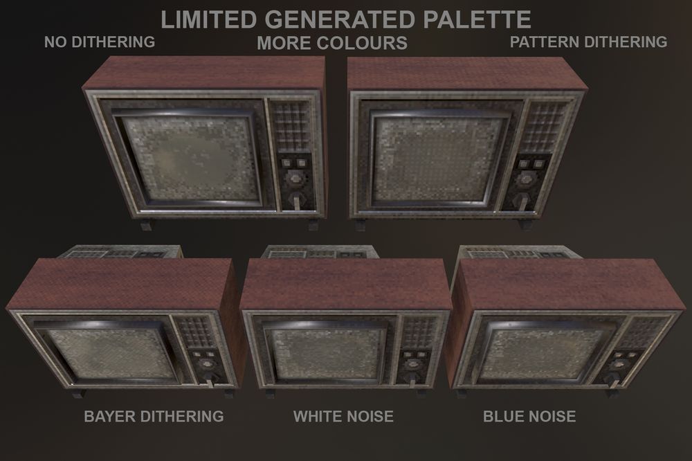The same 5 versions of the tv with different dither style pixelated textures, this time with a high colour count limited colour palette.