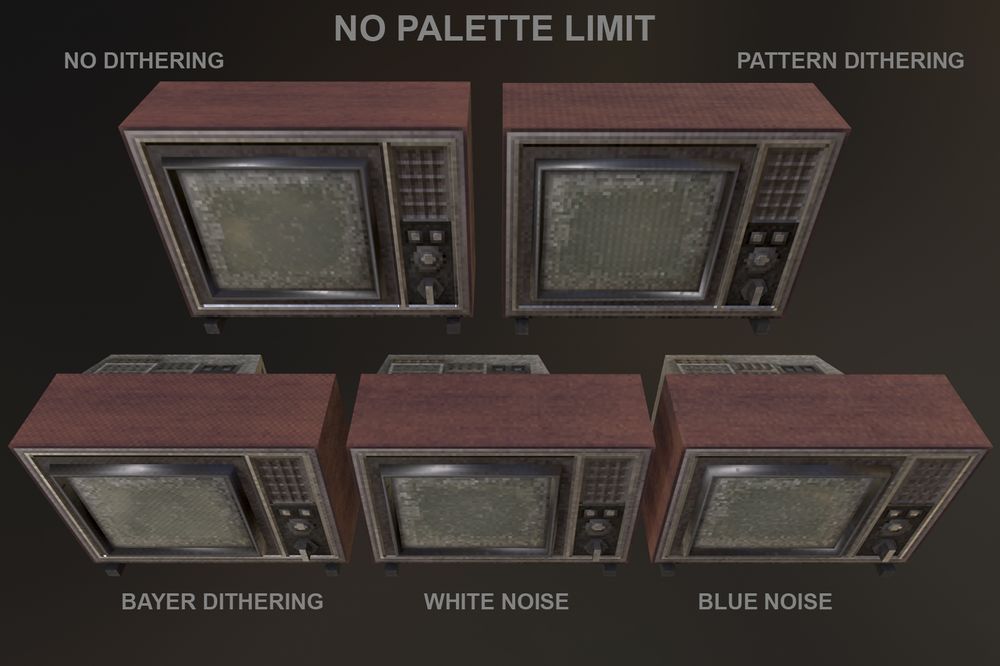 5 versions of the same model of tv with pixelated textures, giving a comparison between dither styles:
One without dithering, next with pattern dithering, then bayer pattern dithering, white noise, and the last with blue noise. No colour limitation has been applied to the texturing here just to show what the original colouration looks like, which isn't likely the direction I will go in.