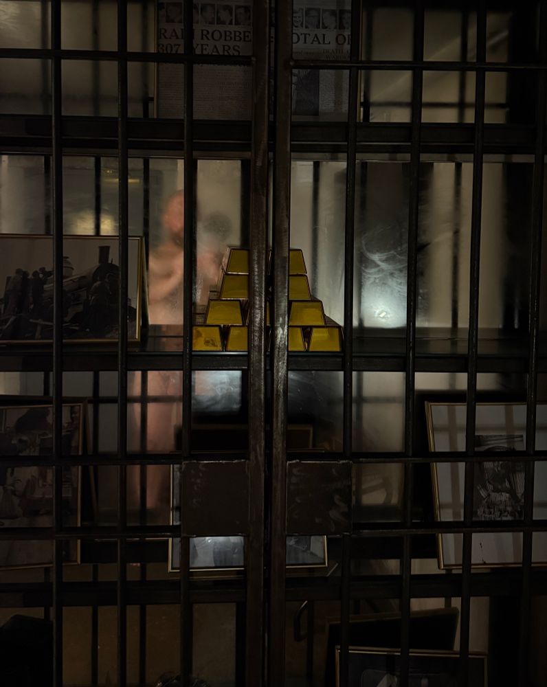 A mirror behind barred doors. There are 3 shelves in front of it, but behind the bars. 
On the middle shelf there is a stack of gold bars. A naked bearded man is seen in the steamed-up mirror, taking this photo.  