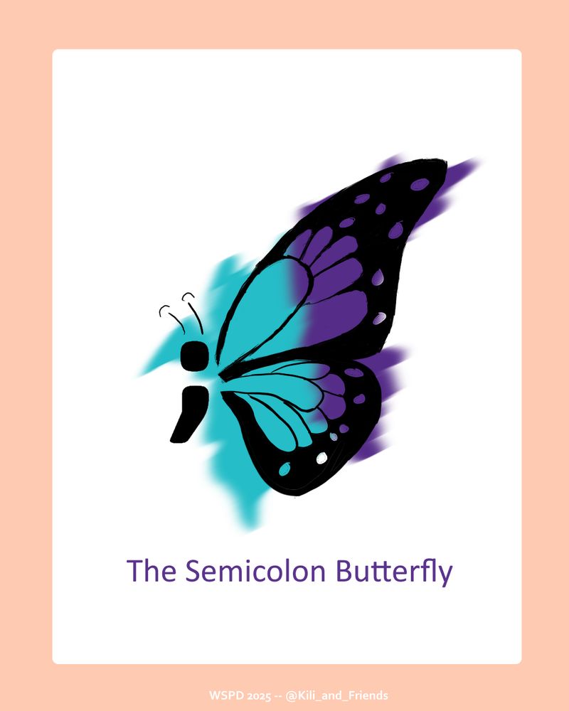A semicolon butterfly with teal and purple splashes.