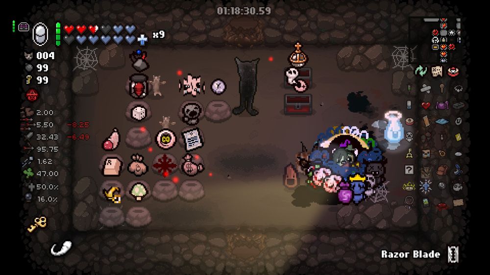 Screenshot of The Binding of Isaac: Repentance containing several secret room items with a run I had as Eve.