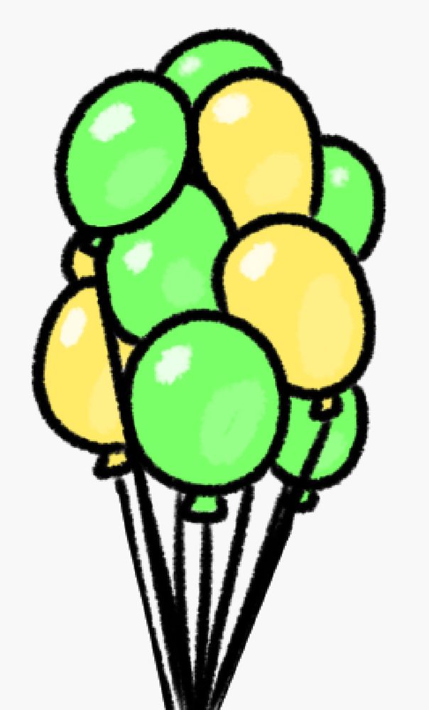 same as first drawing, but instead of colored according to my human form, the balloons are simply bright yellow and green.