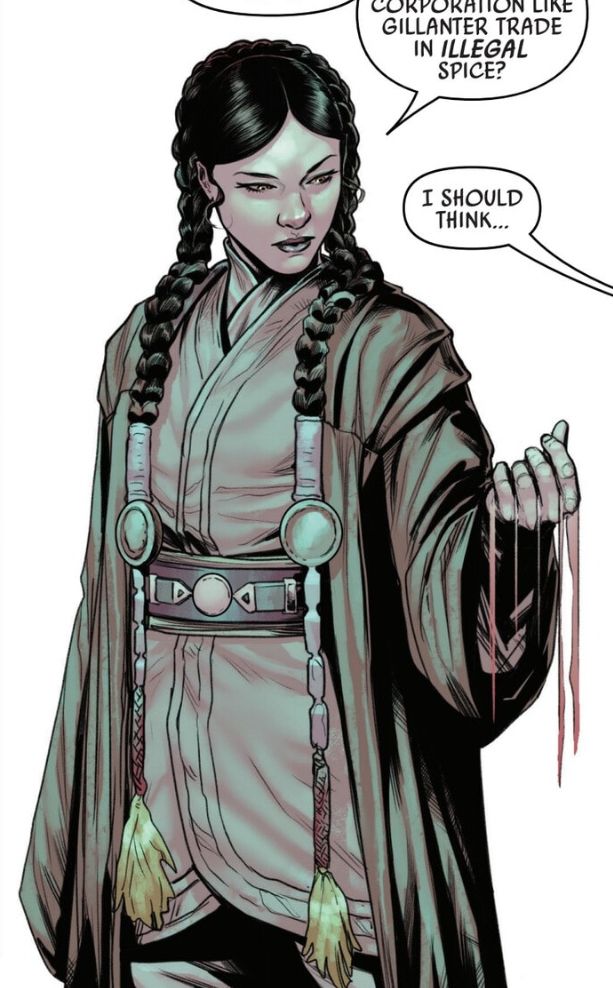 Jedi Knight Seera Longa, a young dark haired female Jedi with two long braids and billowing tan robes. 