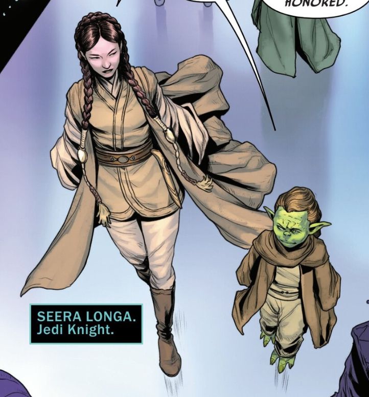 Jedi Knight Seera Longa, a young dark haired female Jedi with two long braids and billowing tan robes. She is walking alongside Jedi Master Yaddle. 