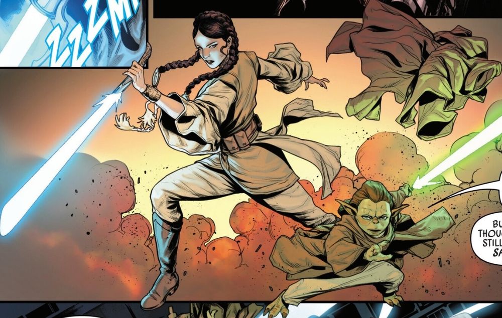 Jedi Knight Seera Longa, a young dark haired female Jedi with two long braids and billowing tan robes. She is in a battle stance next to Master Yaddle and holding her curved lightsaber, which appears to have wood components. 