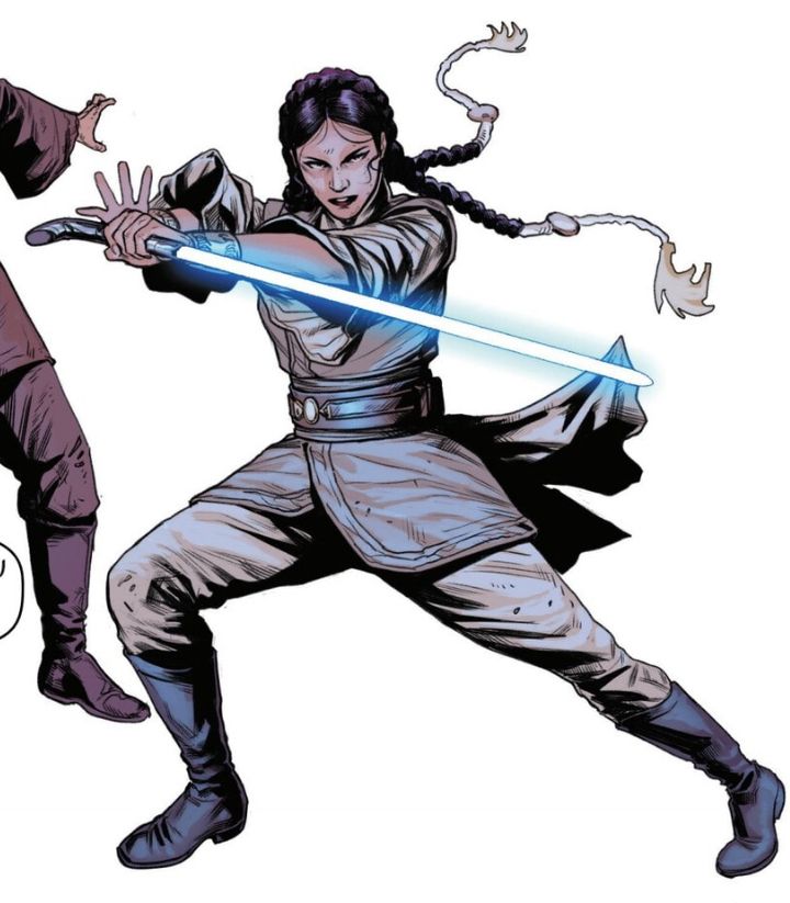 Jedi Knight Seera Longa, a young dark haired female Jedi with two long braids and billowing tan robes. She’s in a battle stance holding a curved lightsaber hilt emitting a blue blade. 