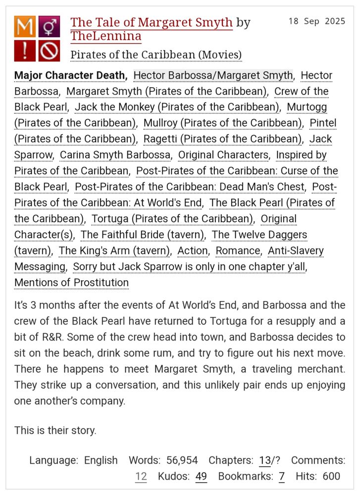 A screen shot of TheLennina's AO3 story The Tale of Margaret Smyth showing a brief breakdown of the story and the current stats: 12 comments, 49 kudos, 7 bookmarks, and 600 hits.