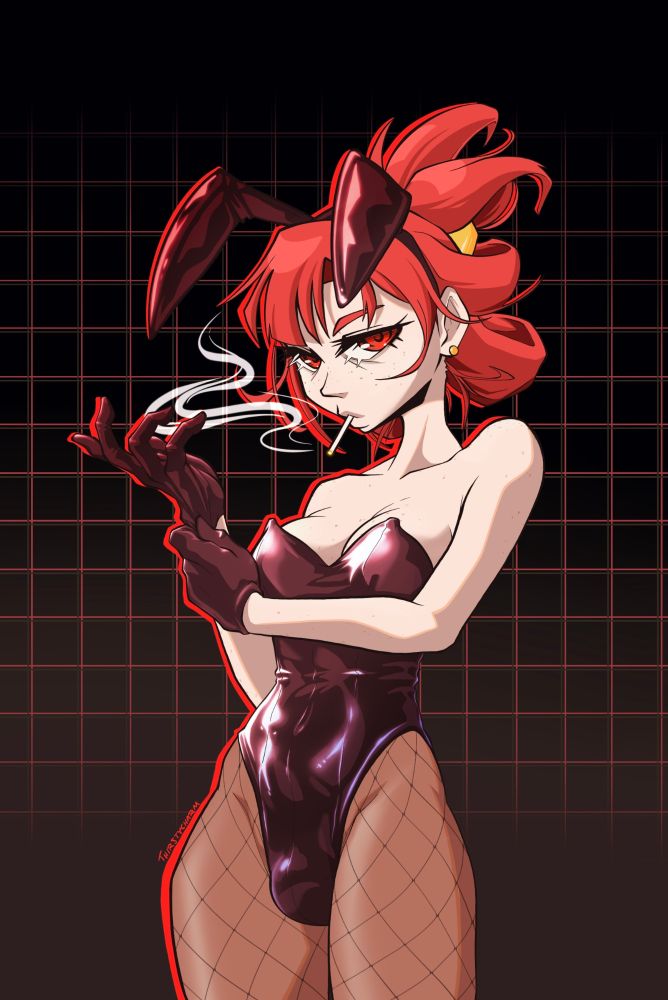 evangeline morgan from of the devil standing pensively in a bunny suit, cigarette in mouth, pulling her leather gloves on 

BRAN IS MY GOAT FOR NOTICING I FORGOT THE FRECKLES ty bb