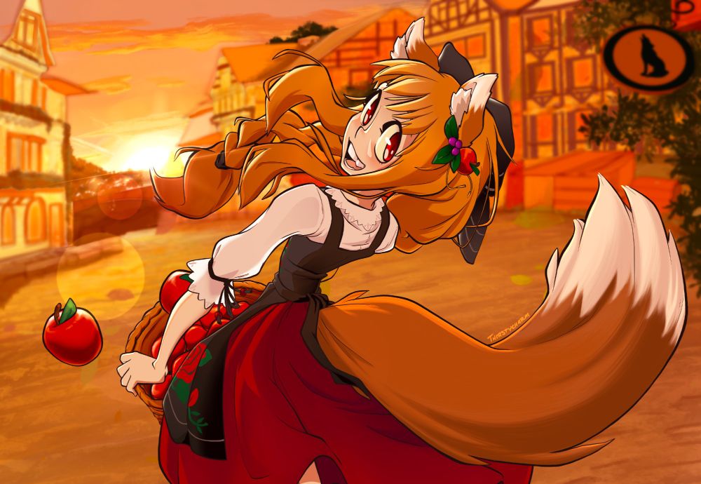 Horo from Spice and Wolf looking over her shoulder at POV, smiling, and carrying an overflowing basket of apples. She is wearing a traditional fall festival dress, and is running into the sunset toward a town square #horo #spiceandwolf