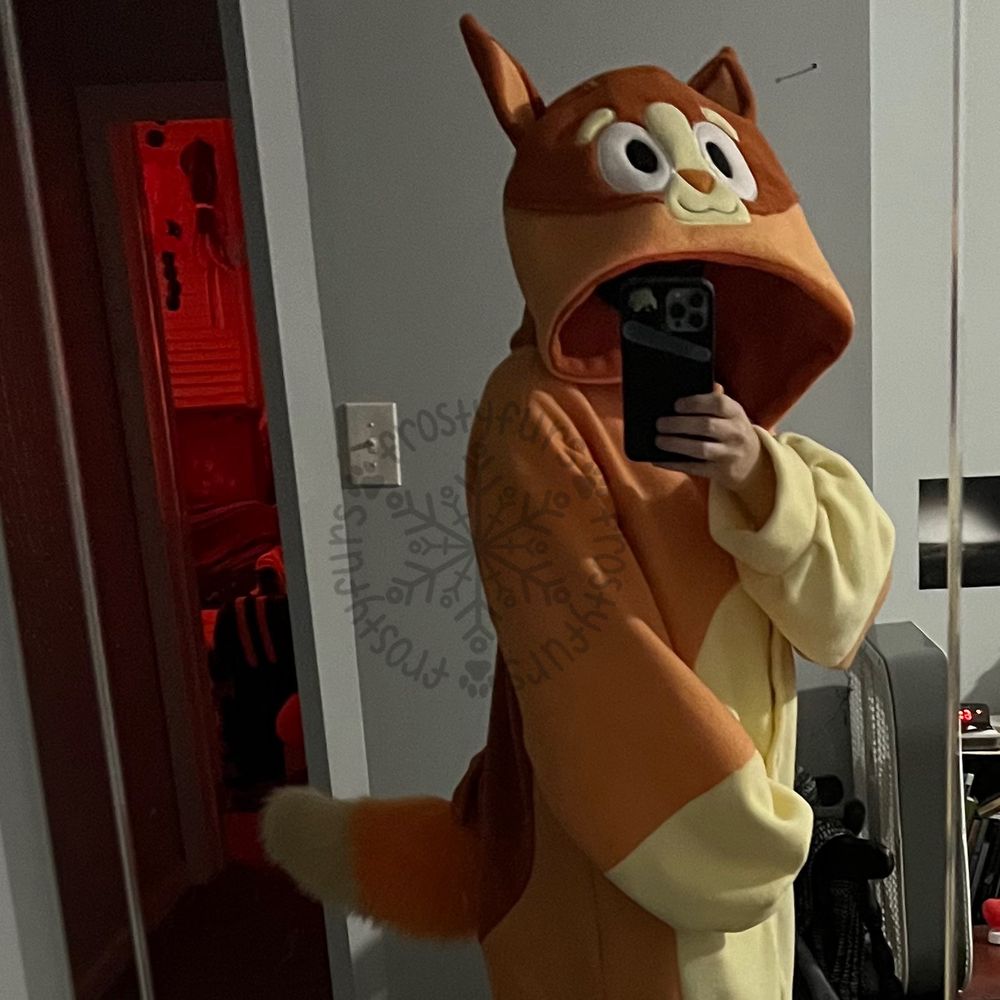 A selfie in front of a mirror of the poster/creator wearing a kigurumi (an oversized pajama onesie). The kigurumi is designed after the character Bingo from the show Bluey.
The kigurumi is made of anti-pill fleece in two shades of orange, and a light yellow. It has an embroidered face, ears that stand up, and a faux fur tail.