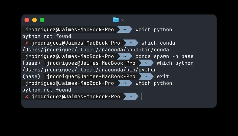 Screenshot of a terminal screen on macOS. Initially, a command reveals that there's no Python executable in PATH. After running 'conda spawn -n base', the base environment is activated in a new shell and its Python executable can be found by which. Upon exit, we just return to the previous parent process.